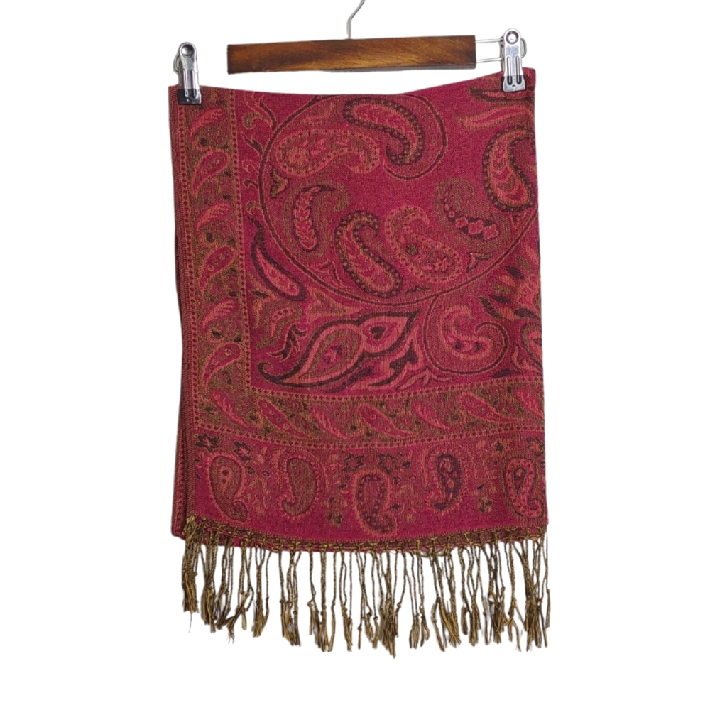 Paisley Print Boho Bohemian Fashion Pink and Green Scarf with Fringe One Size